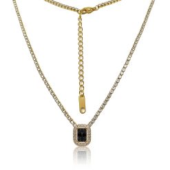 12641IST Gold Octagonal Onyx Black Halo Tennis Necklace