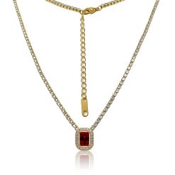 12642IST Gold Octagonal Ruby Red Halo Tennis Necklace