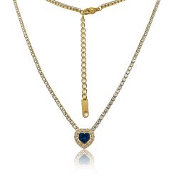 12644IST Gold Sapphire Blue Heart Frame Tennis Necklace