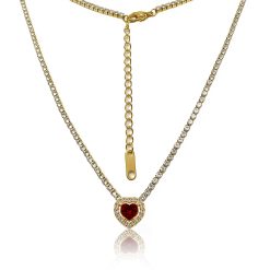 12646IST Gold Ruby Red Heart Frame Tennis Necklace