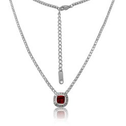 12650IST Steel & Ruby Red Tennis Necklace with Cushion-Cut Halo Pendant