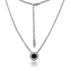 12653IST Steel & Onyx Black Tennis Necklace with Round Halo Pendant