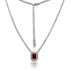 12658IST Steel Octagonal Ruby Red Halo Tennis Necklace