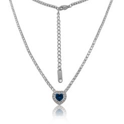 12660IST Steel Sapphire Blue Heart Frame Tennis Necklace
